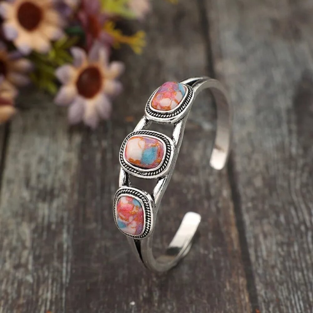 NEW Southwestern Silver Plated Stone Cabochon Cuff Bracelet